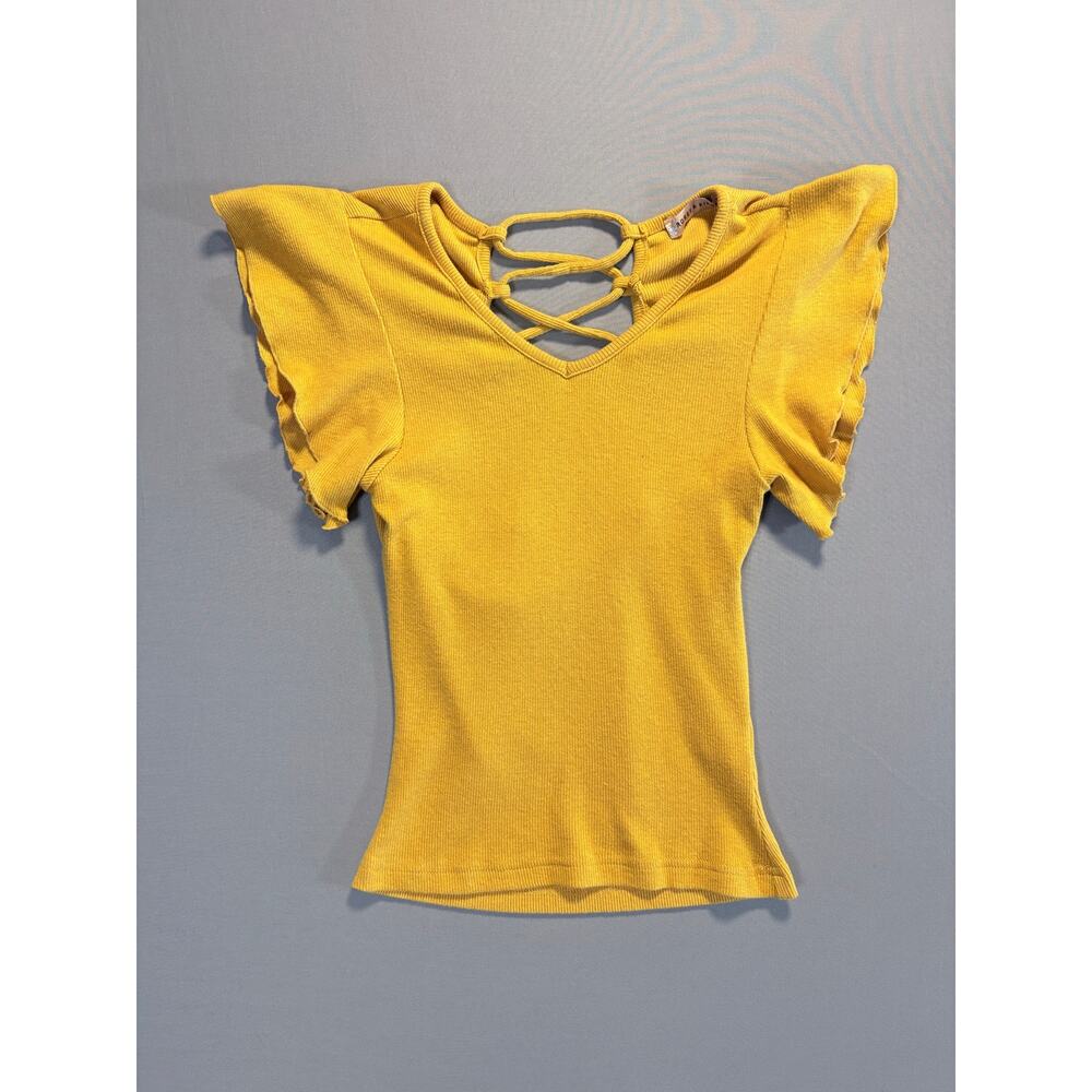 Mustard Yellow Ribbed Flutter Sleeve Lace-Up V-Neck Festival Top Women's Small